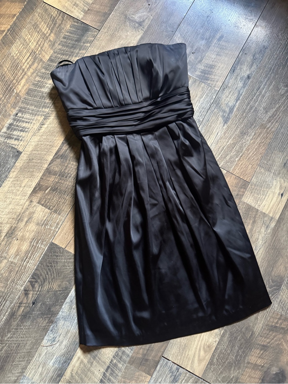 Strapless Black Satin Cocktail Dress with Ruched Waist